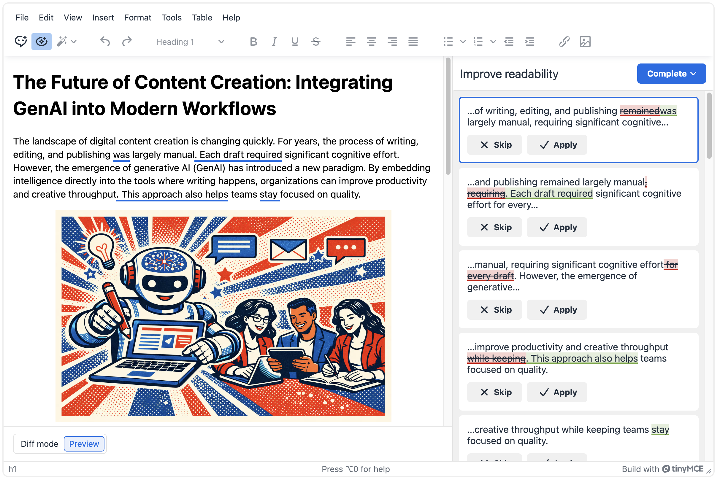 TinyMCE AI Review sidebar with suggestions